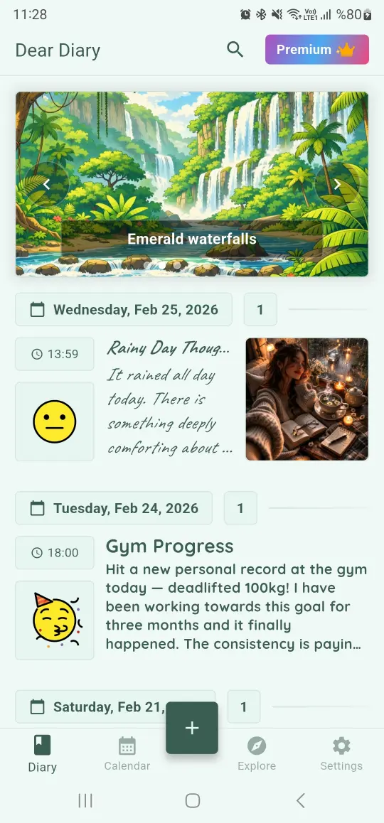 Dear Diary app - Emerald Waterfalls theme screenshot