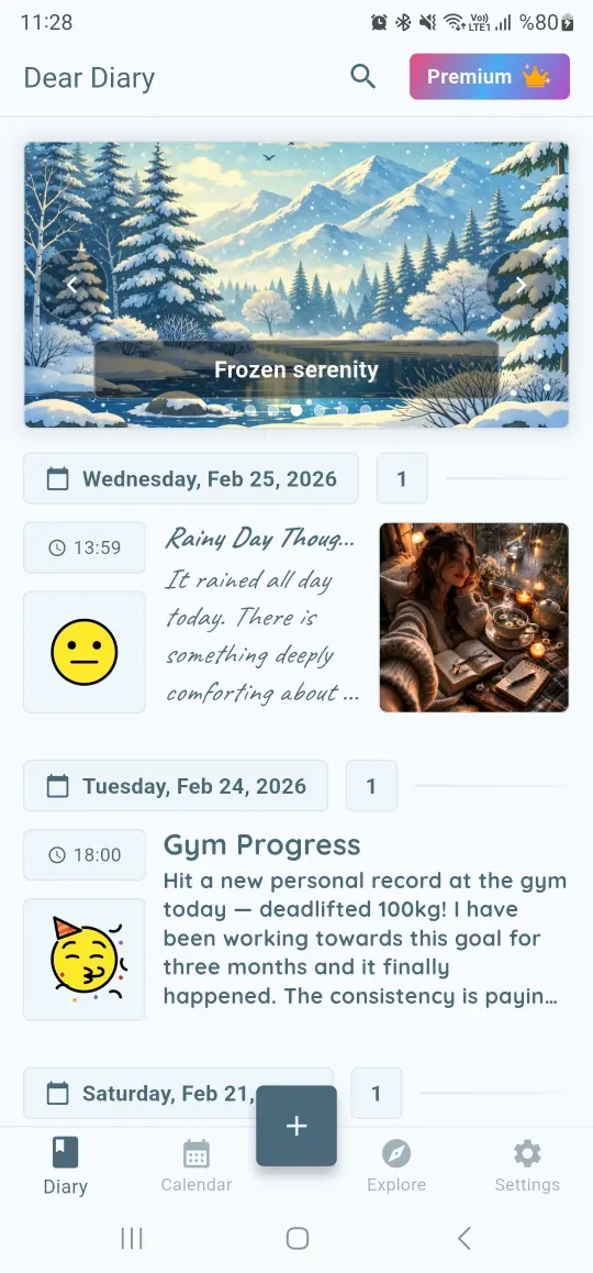 Dear Diary app - Frozen Serenity theme screenshot