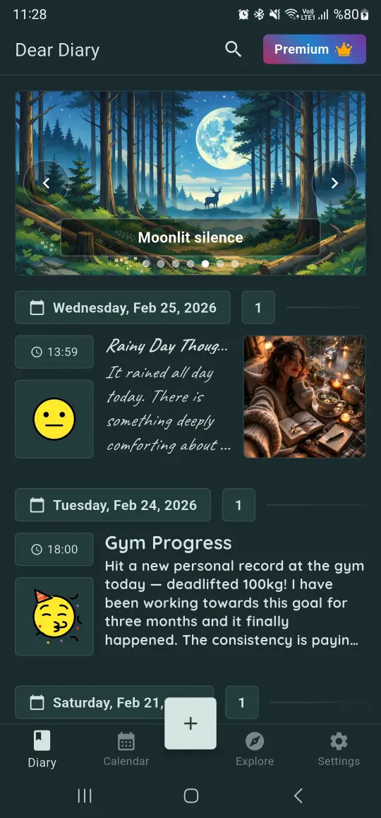 Dear Diary app - Moonlit Silence theme screenshot
