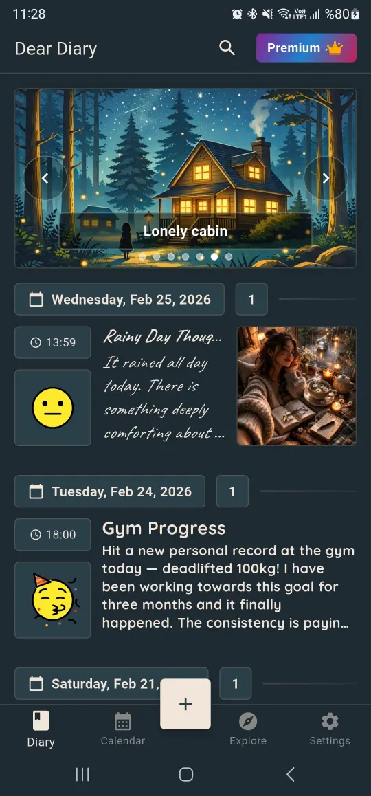 Dear Diary app - Lonely Cabin theme screenshot